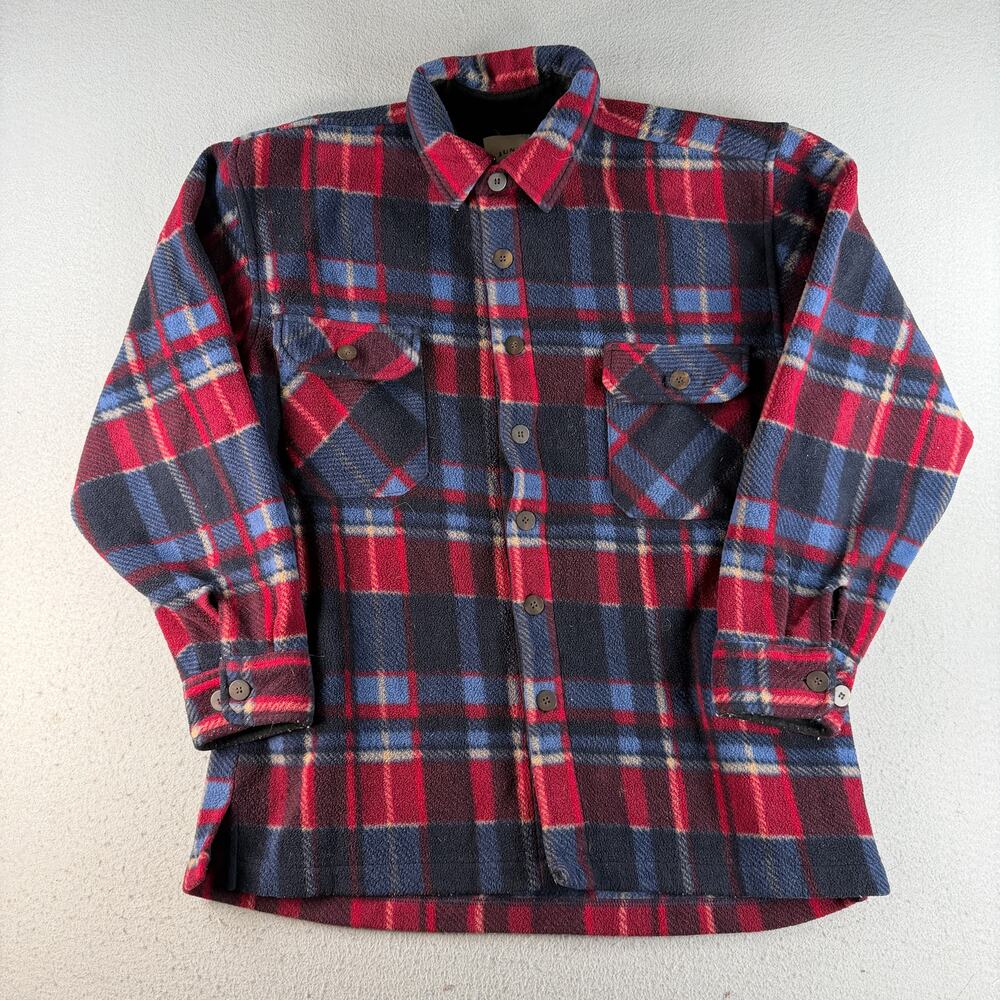 Juneau Men's M Plaid Fleece Shirt Jacket Red Blue Button Up Shacket Pockets